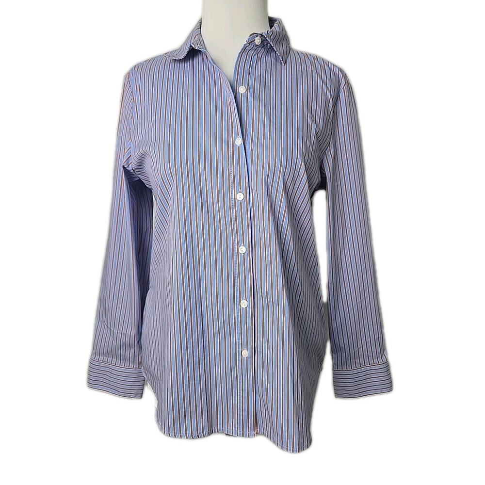 ELLA Rafaella UltraMarine Blue Striped Faux Wrap Button Up Top Small Petite $89